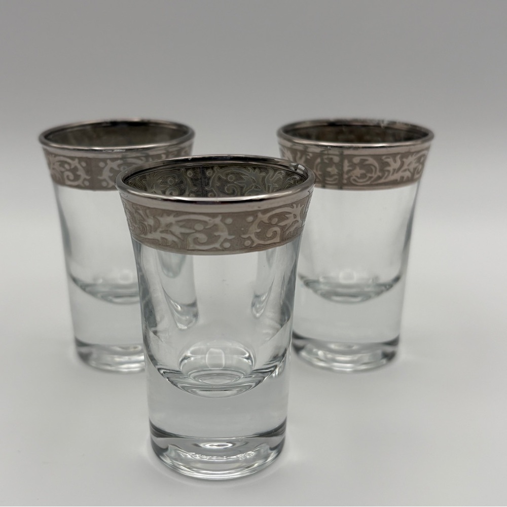 Set of 3 Vintage Silver Rimmed Shot Glasses
